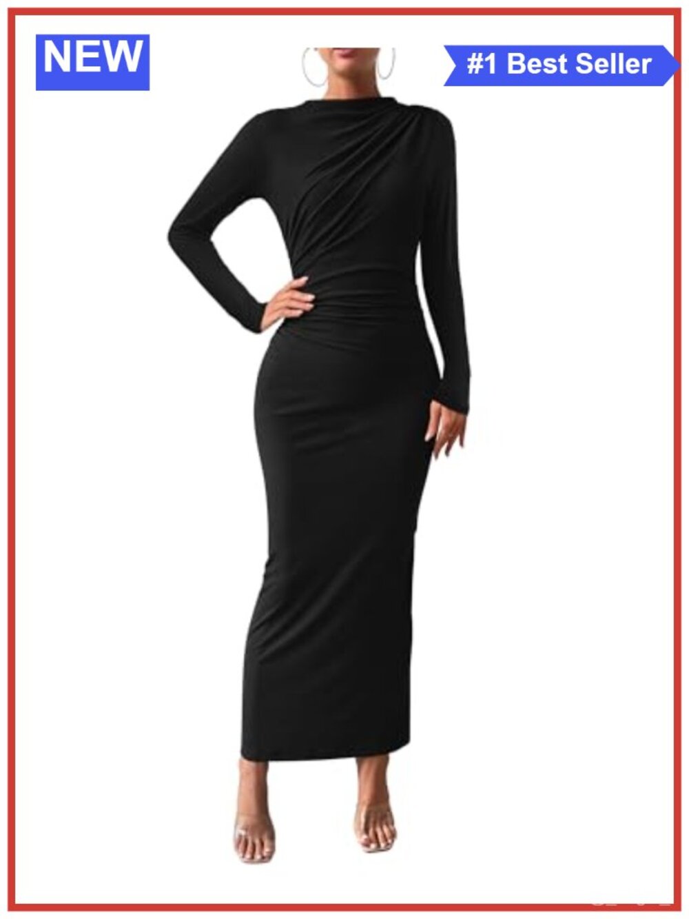 Maxi Long Sleeve Bodycon Dress Mock Neck Ruched Back Slit Stretchy